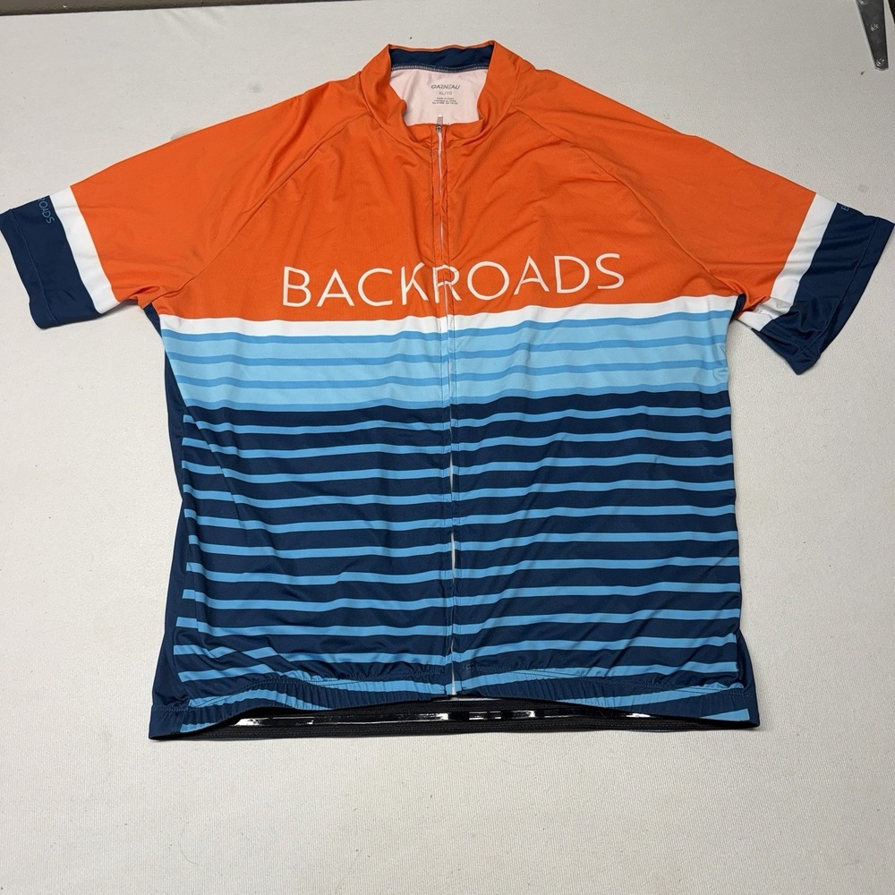Louis Garneau Backroads Cycling Jersey Mens XL Orange Blue Striped Full Zip